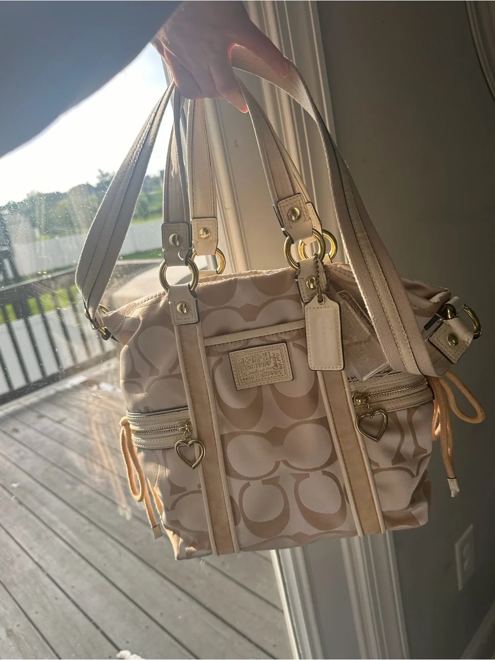 Vintage Coach Poppy Cinch Satchel Cream Beige Canvas Y2K Coquette